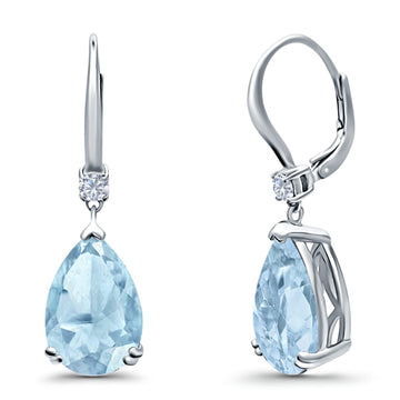 Pear Shape Dangling Leverback Earrings Wedding Simulated Aquamarine CZ 925 Sterling Silver (22mm)